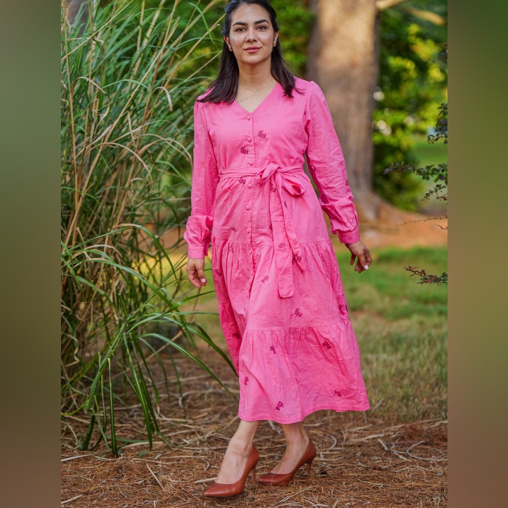 All in the Detail 100% Cotton Pink Long Sleeve Embroidered Katarina Midi Dress